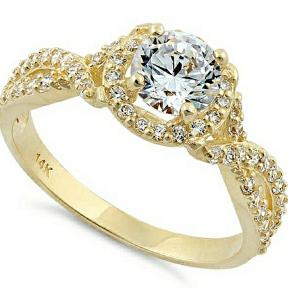 Solid 14K Yellow Gold Twist Halo Engagement Ring